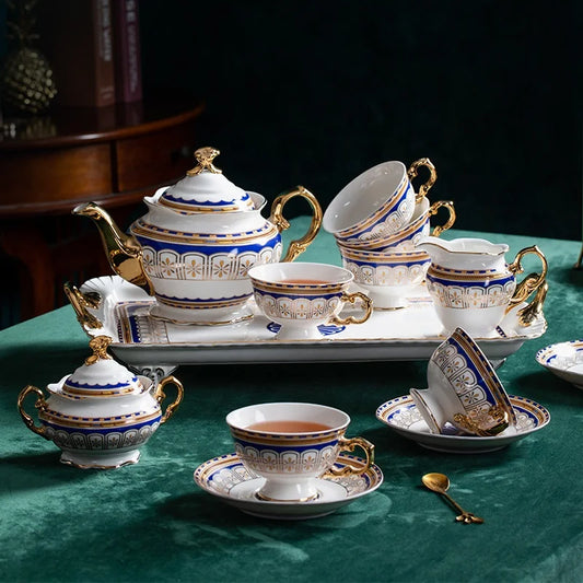 Factory wholesale European white blue gilded afternoon tea ceramic coffee set for wedding