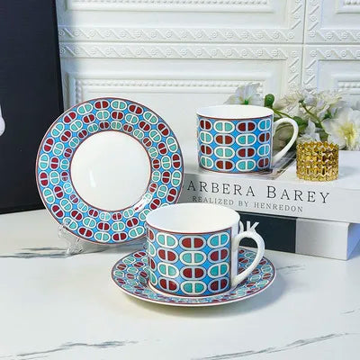 Hot Sale European Luxury Red and Blue Circle Porcelain Tea Cup & Saucer Set