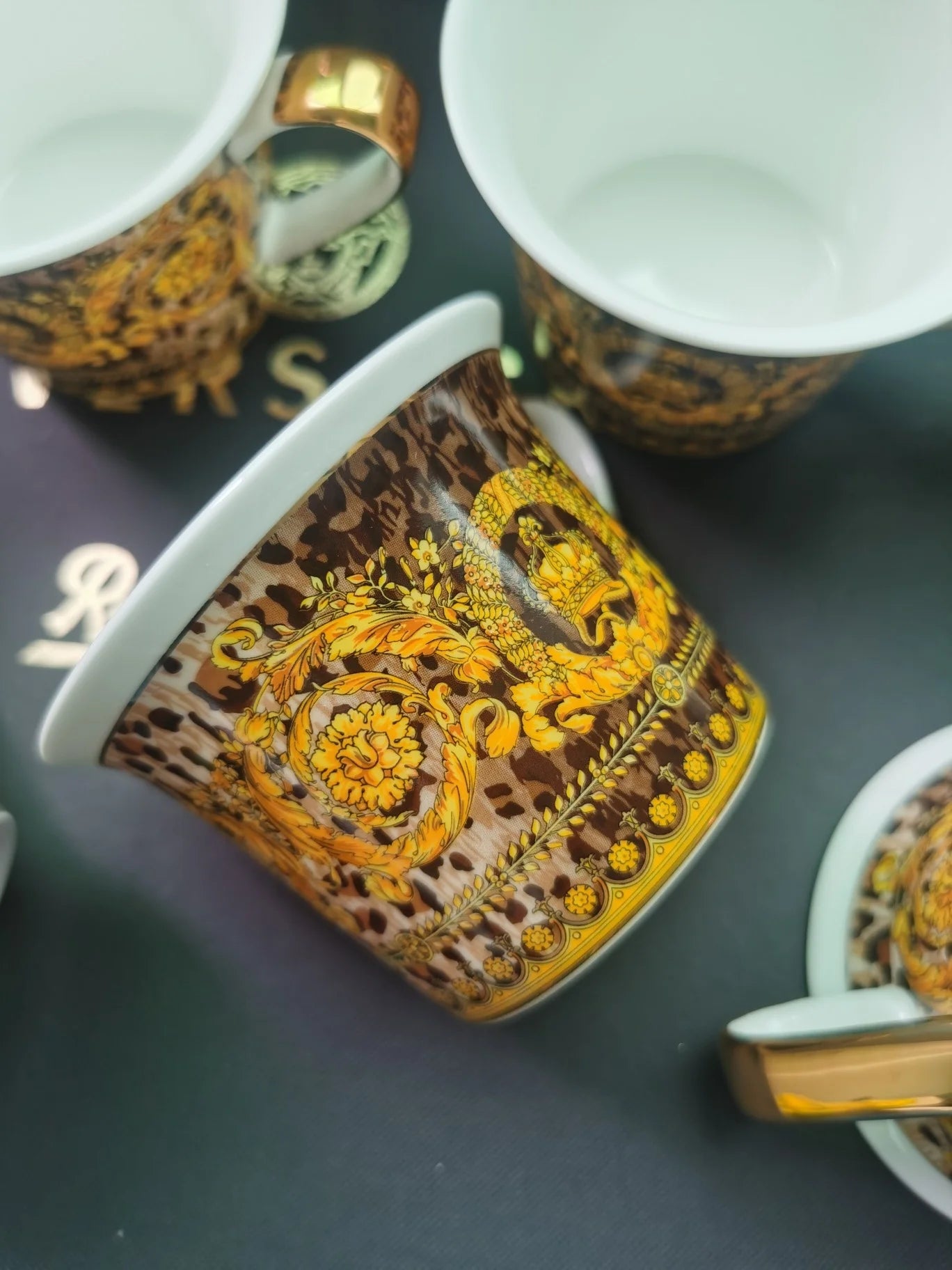 Factory wholesale luxury 15pcs black and gold leopard pattern tea set bone china coffee cup