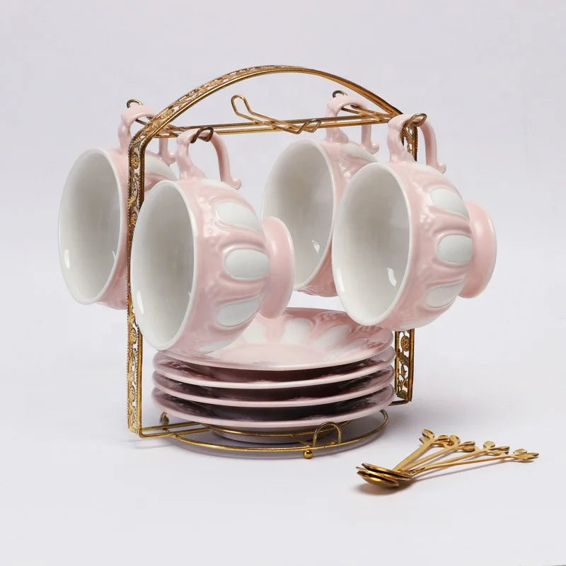 Cheap price exquisite western relief ceramic tea set porcelain coffee cup