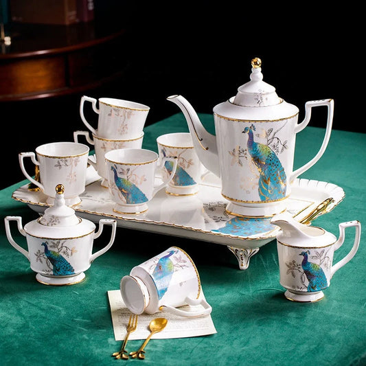 Low price discount European luxury peacock pattern afternoon tea ceramic tea set