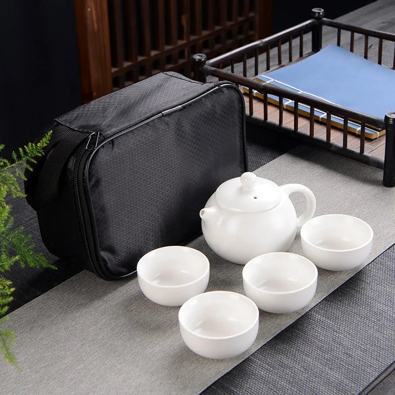 Portable Ceramic Travel Kung Fu Teapot Tea Cup Gift Set With Small Black Bag