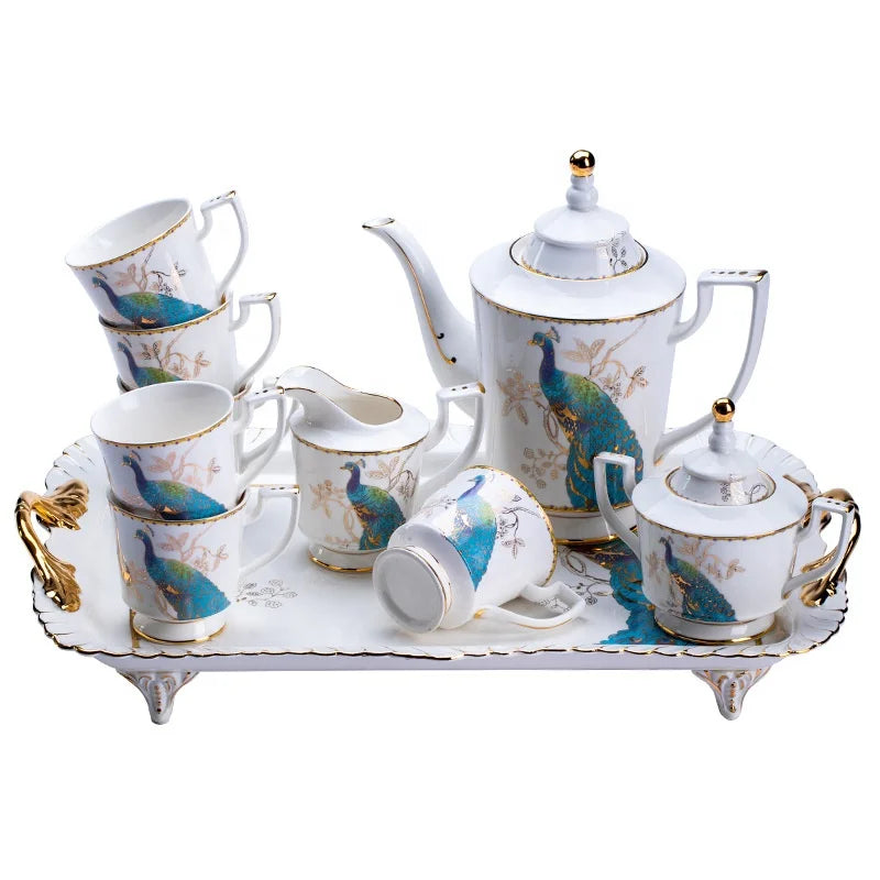 Low price discount European luxury peacock pattern afternoon tea ceramic tea set