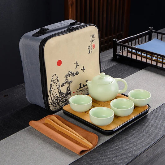 Portable Ceramic Travel Kung Fu Teapot Tea Cup Gift Set With Square bag