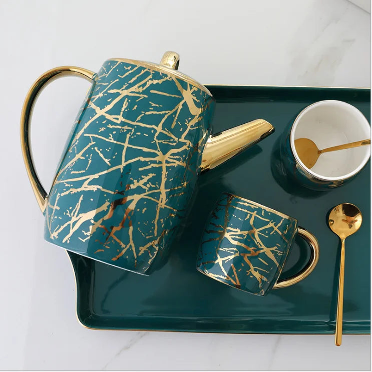 Household Nordic Creative Coffee Cup and Saucer set Ceramic Tray Nordic Style Luxury Green Marble Afternoon Coffee Cup set