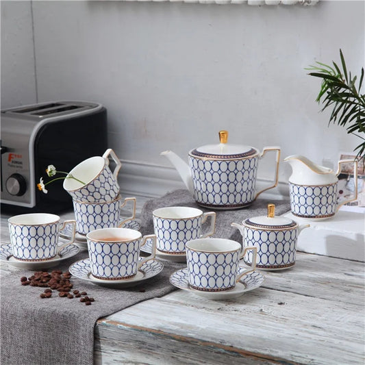 Hot selling 15pcs European Style Blue Annulus Porcelain Coffee and Tea Sets Ceramic Cups Set