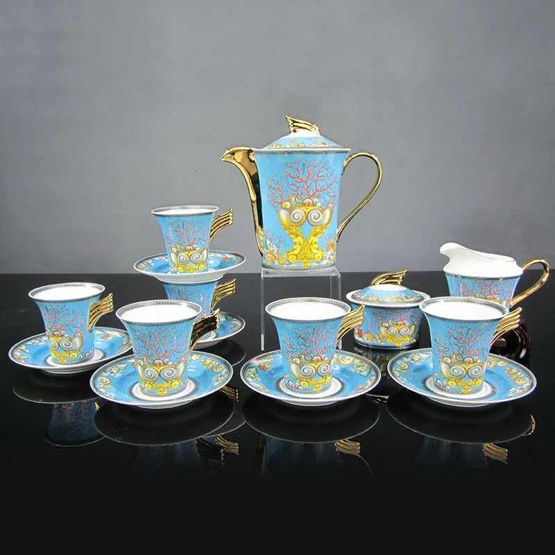 European 15 pieces blue porcelain coffee set home/restaurant/hotel ceramic teapot coffee cup turkish tea set