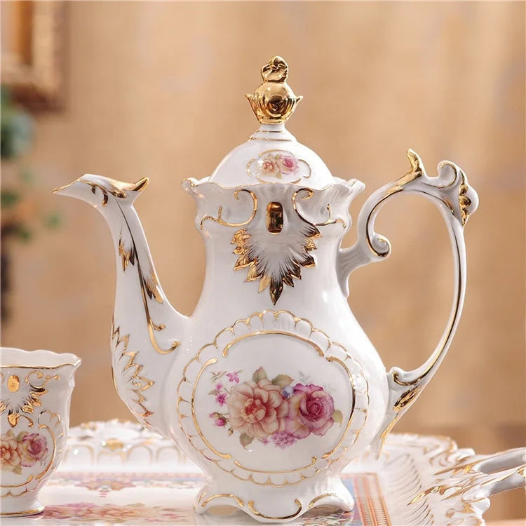 Luxury Embossed Flower White Afternoon Tea Coffee Set Best-selling European Country Ceramic Tea Pot Customized Color