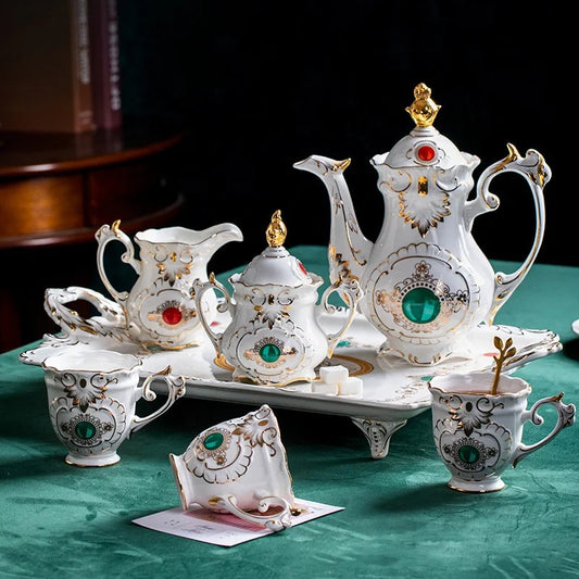 Factory wholesale European white embossed gold-plated afternoon tea ceramic coffee set