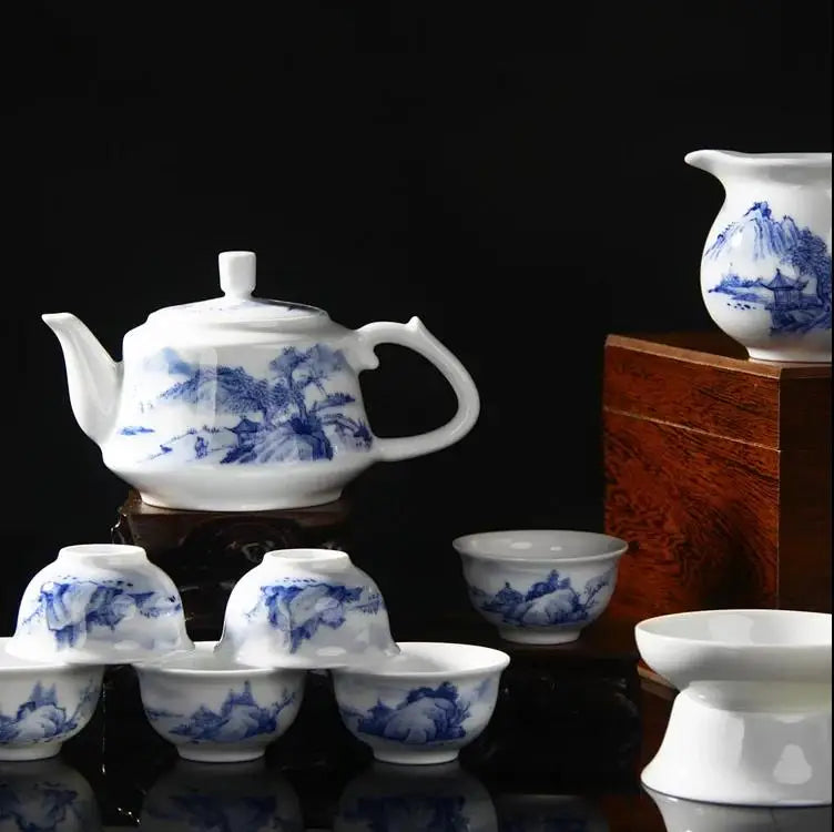 New Product 9 Pieces Jingdezhen Hand Painted Teapot Sets Living Room Sets Scenery Blue and White Porcelain Tea Cups Sets