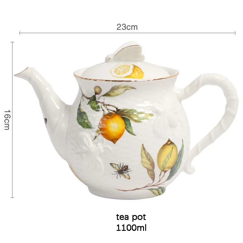 Low price European style relief lemon tree pattern porcelain tea cups and saucers