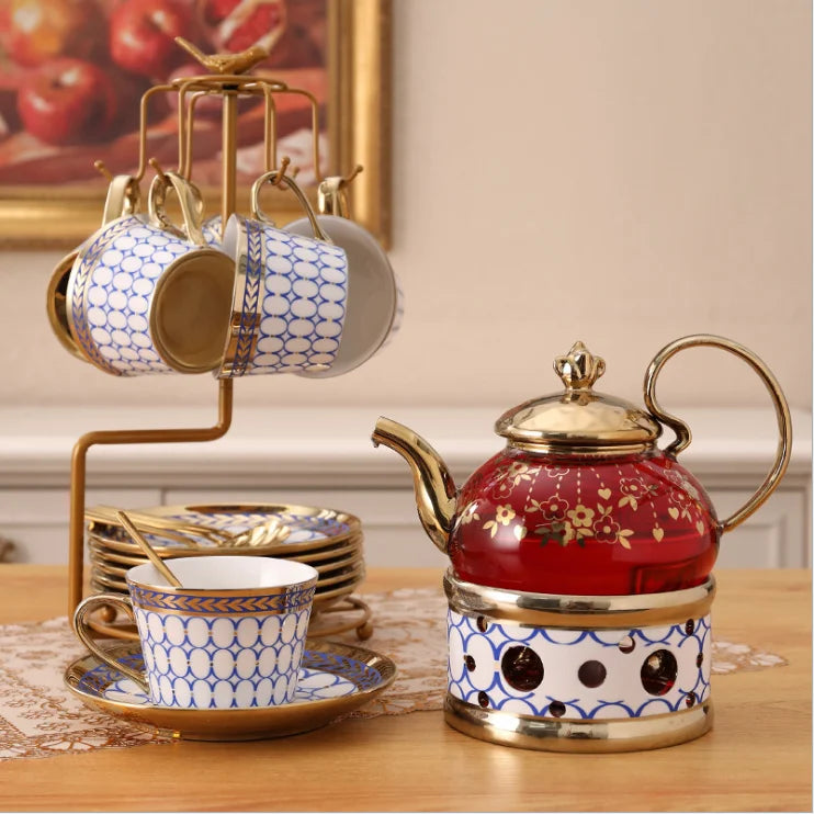 European style flower tea set flower teacup glass pot heat-resistant candle heating set afternoon tea set