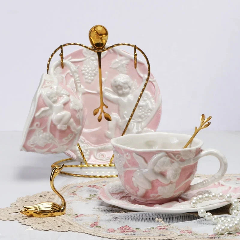 Hot selling European style relief pink ceramic tea set