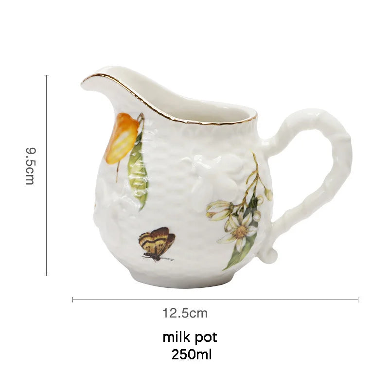 Low price European style relief lemon tree pattern porcelain tea cups and saucers