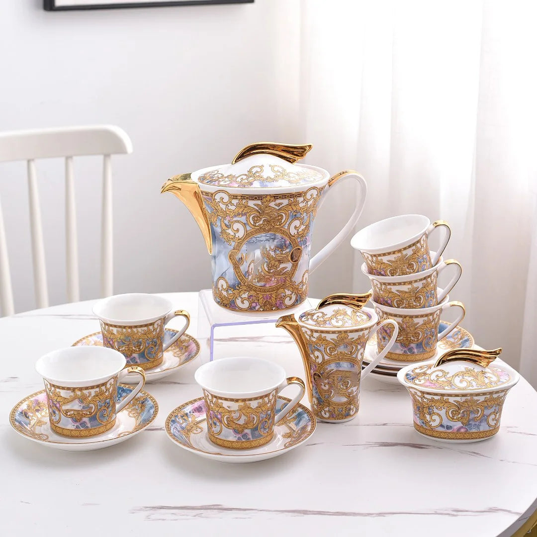 Promotion 15 PCS Nordic Royal Portrait Golden Bone China Coffee Tea Sets