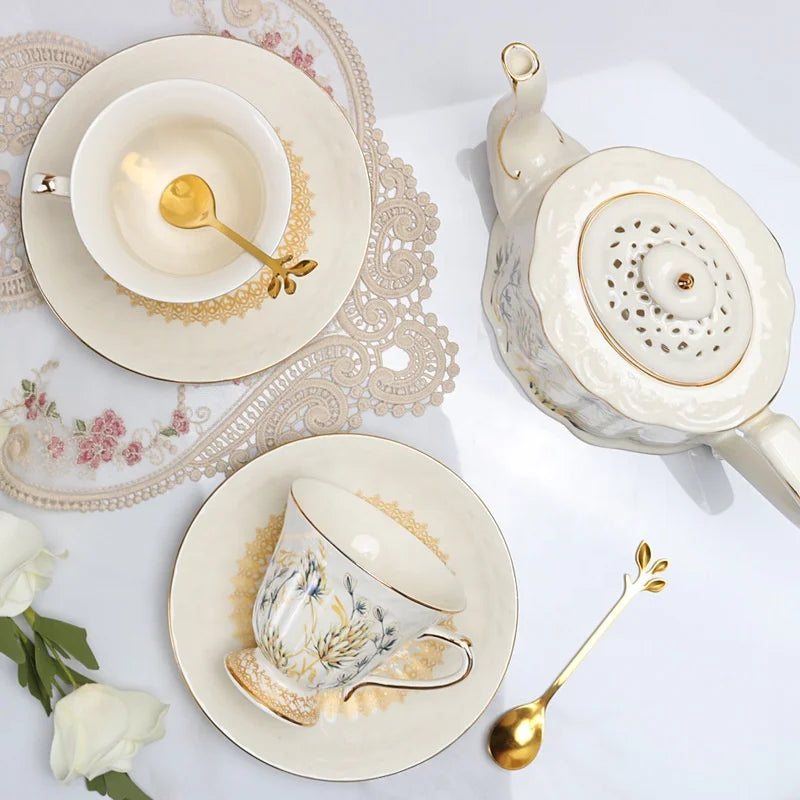 Wholesale European style golden border wheat ear pattern tea cups and saucers with gift boxes