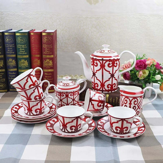 Best Sell Luxury Traditional Red Paper-cut Art Home Decors Bone China Coffee Tea sets