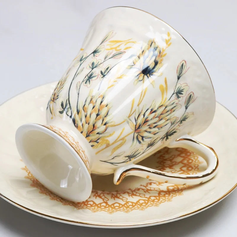 Wholesale European style golden border wheat ear pattern tea cups and saucers with gift boxes