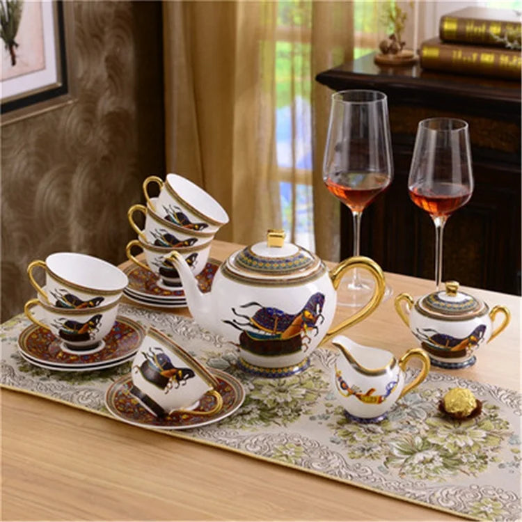 Promotional 15 Pcs Luxury Nordic War Horse Dining Room Fine Bone China Coffee & Tea Sets