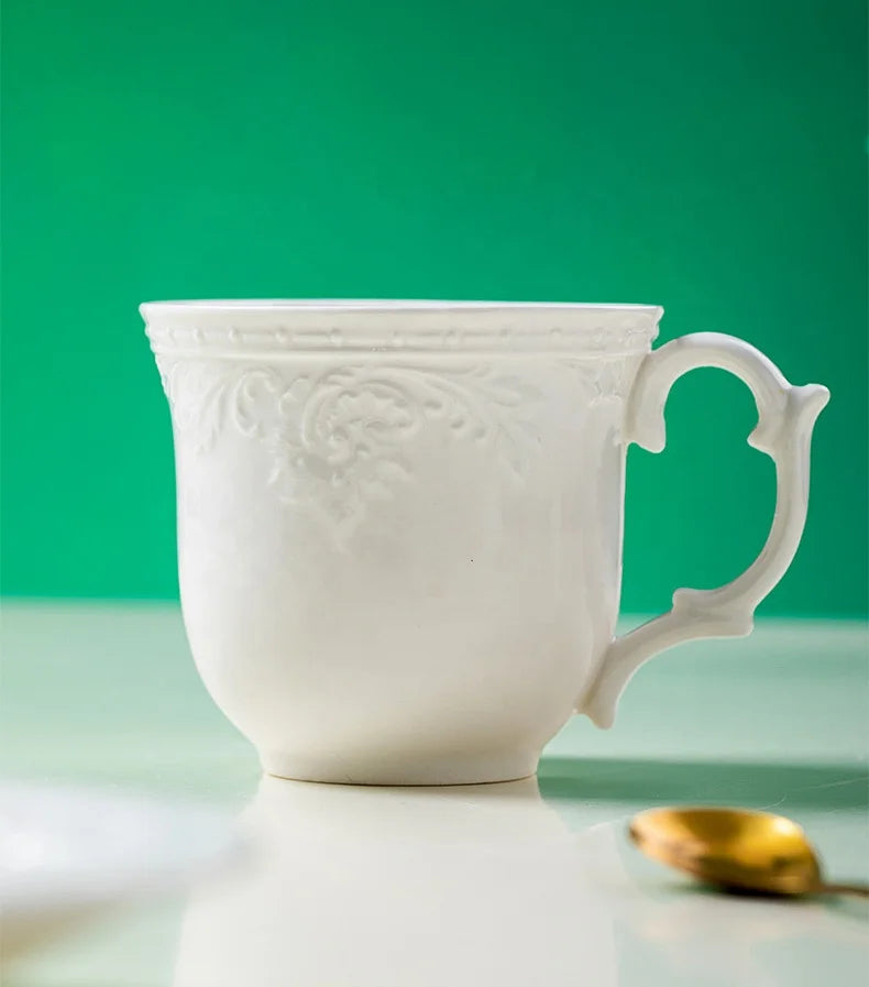 Low price promotion of European white and yellow embossed afternoon tea ceramic coffee set