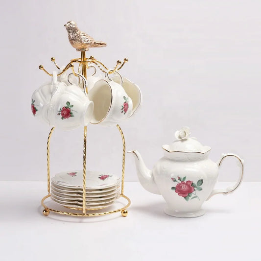 Low priced European rose patterned porcelain tea sets and cups