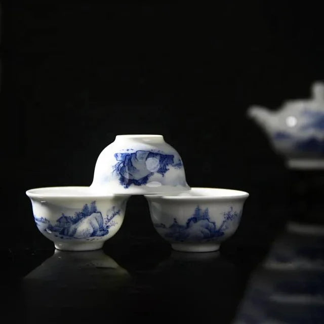 New Product 9 Pieces Jingdezhen Hand Painted Teapot Sets Living Room Sets Scenery Blue and White Porcelain Tea Cups Sets