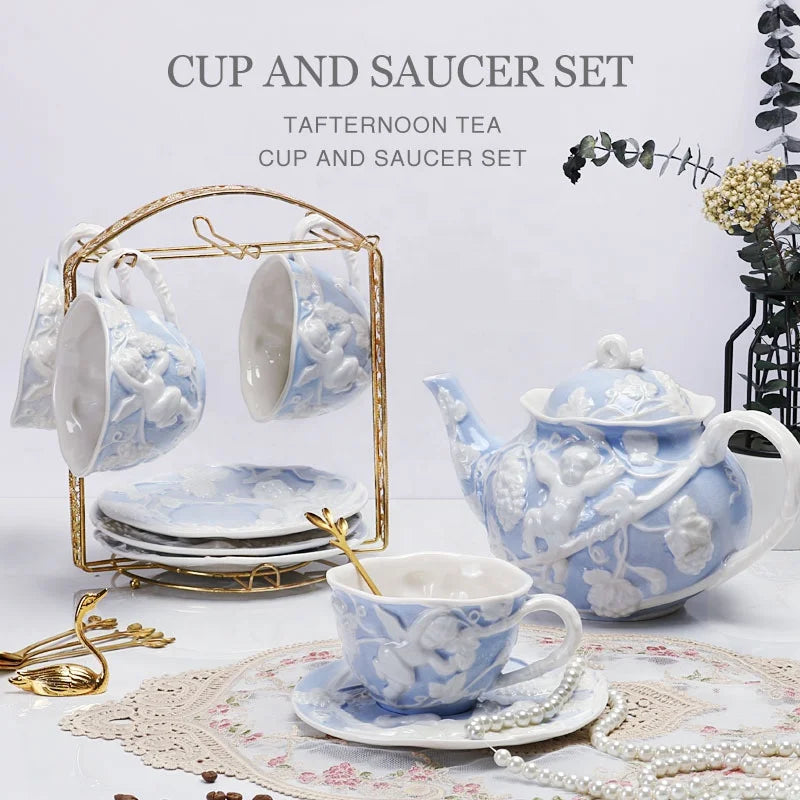 Discount European Classic Blue Ceramic Tea Set Gift Box