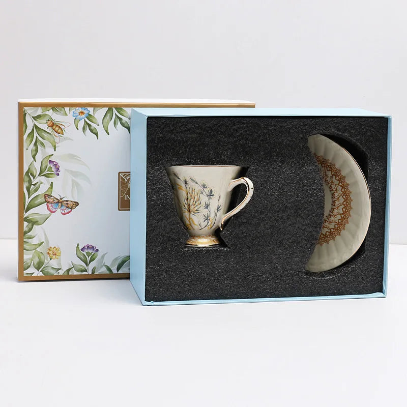 Wholesale European style golden border wheat ear pattern tea cups and saucers with gift boxes