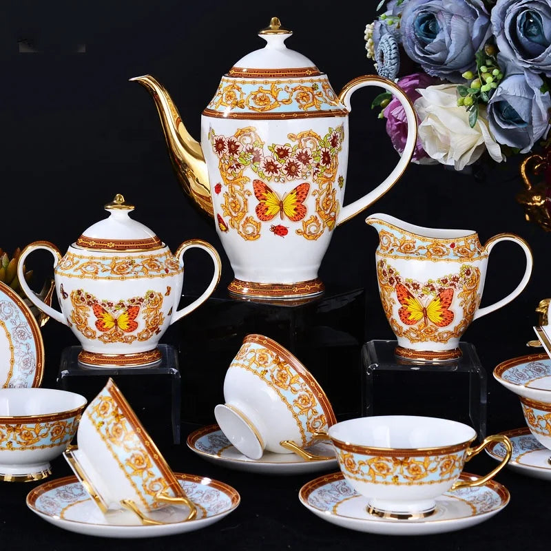 On Sale European Luxury Gilding Butterfly Pattern Home Decors Ceramic Coffee Tea Sets