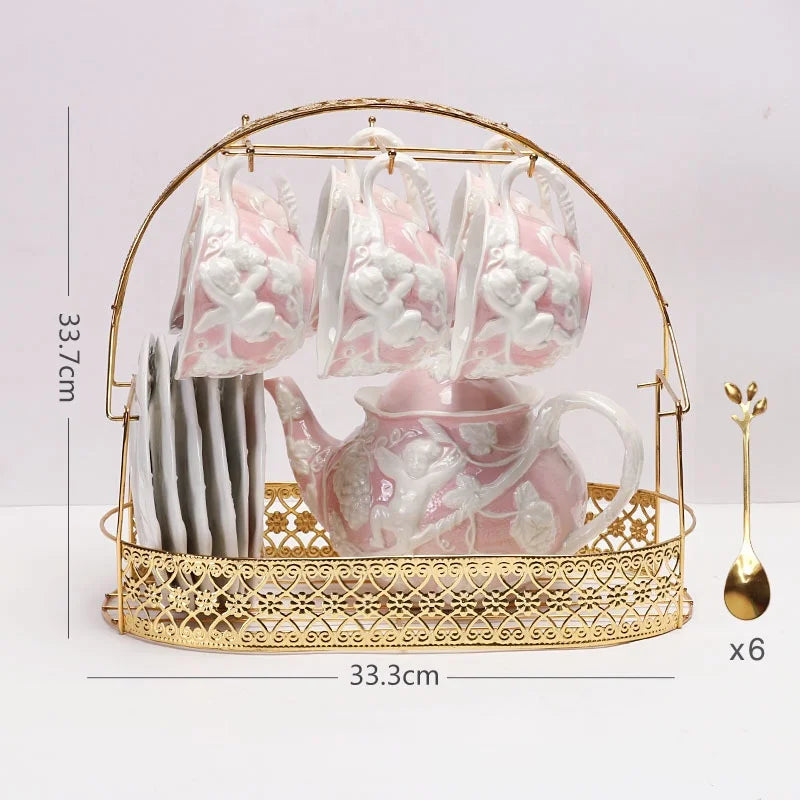 Hot selling European style relief pink ceramic tea set