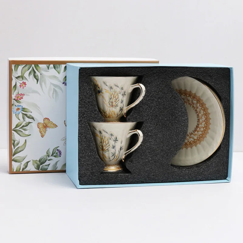 Wholesale European style golden border wheat ear pattern tea cups and saucers with gift boxes