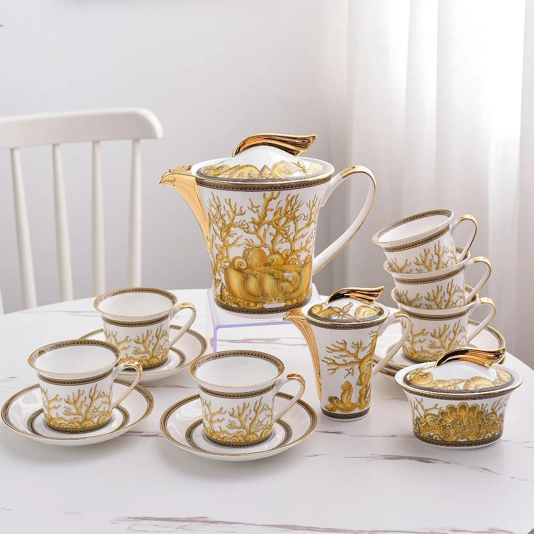 Promotion 15 PCS Nordic Royal Portrait Golden Bone China Coffee Tea Sets