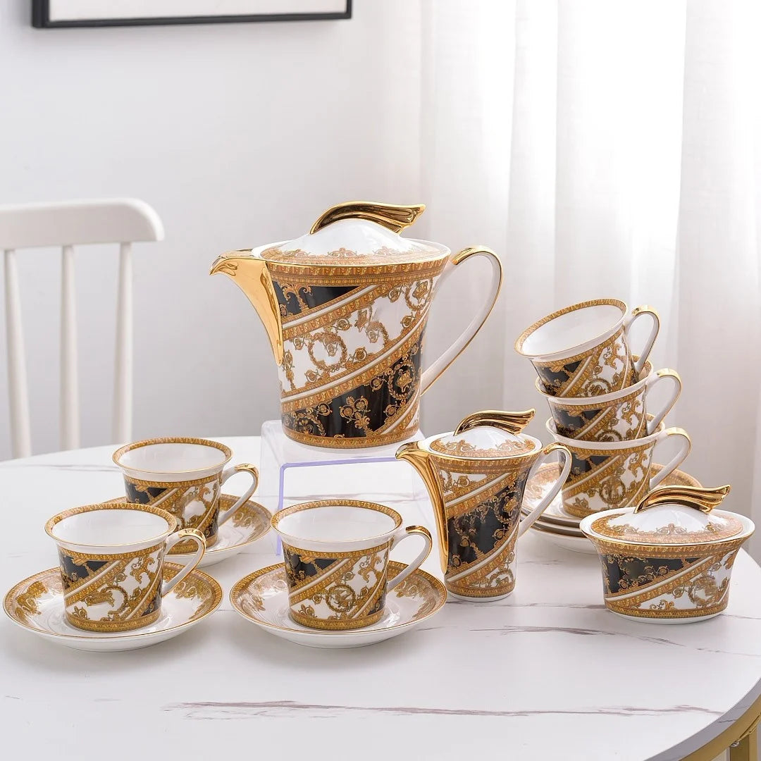 Promotion 15 PCS Nordic Royal Portrait Golden Bone China Coffee Tea Sets