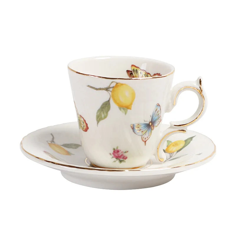 Low price European style relief lemon tree pattern porcelain tea cups and saucers