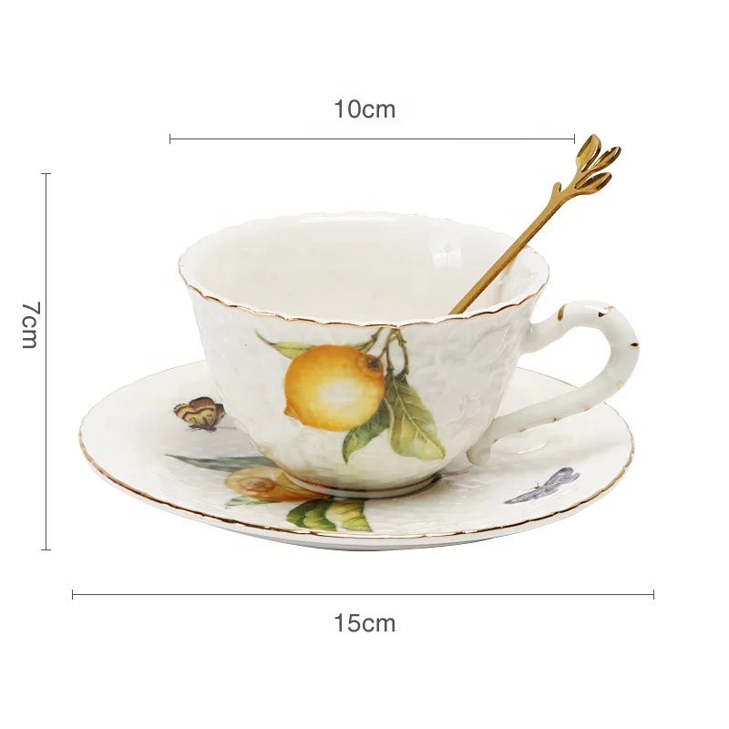 Low price European style relief lemon tree pattern porcelain tea cups and saucers