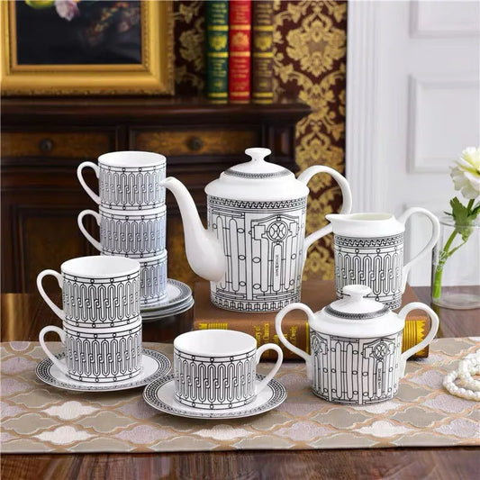 Hot Sell 15 Pcs  Western Royal Gray Stripe Kitchen Accessories Ceramic Coffee Tea Sets With Gold Handle