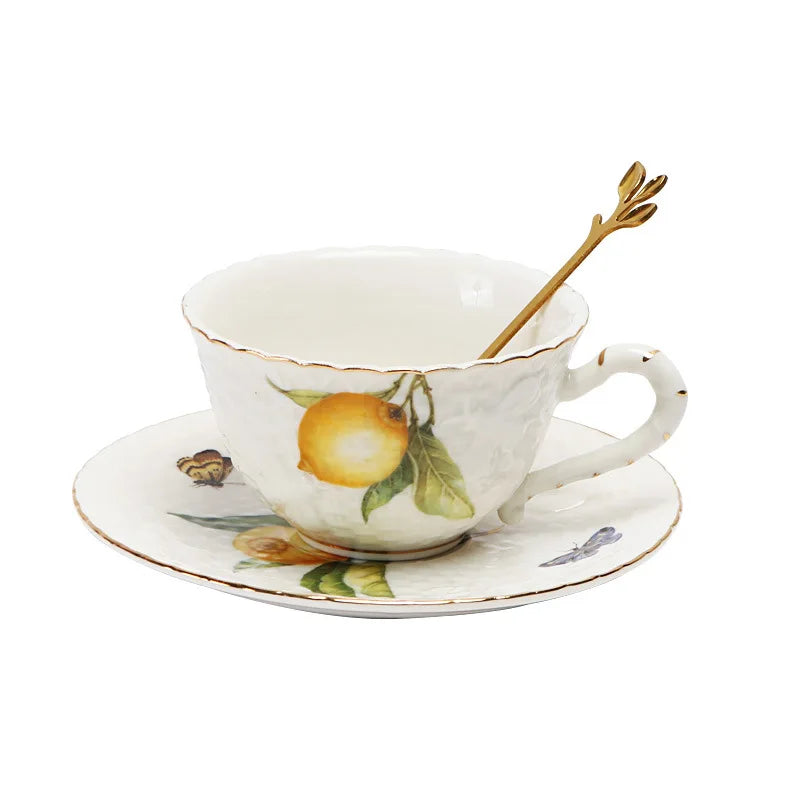 Low price European style relief lemon tree pattern porcelain tea cups and saucers