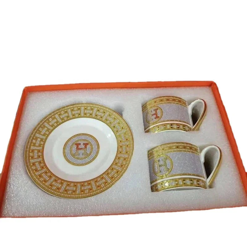 Custom Hot Sale Nordic Luxury Grey Vertical Pattern Porcelain Tea Cup Saucer Set