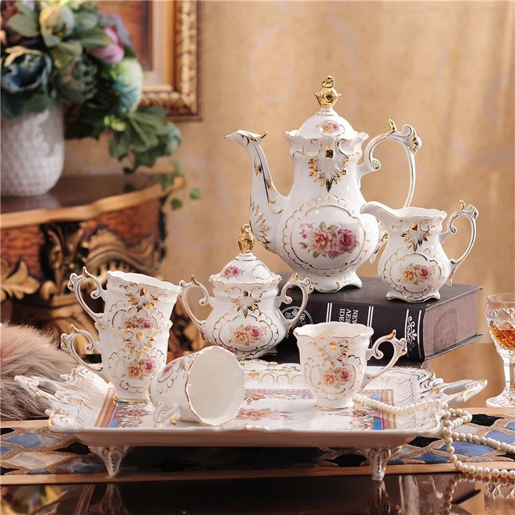 Luxury Embossed Flower White Afternoon Tea Coffee Set Best-selling European Country Ceramic Tea Pot Customized Color