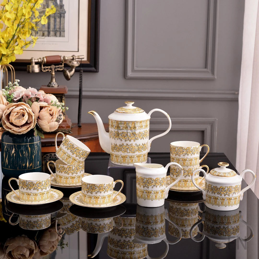 Hot Sale 15 Piece Nordic Luxury Fine White and Gold Ceramic Coffee and Tea Set with Gold Handle