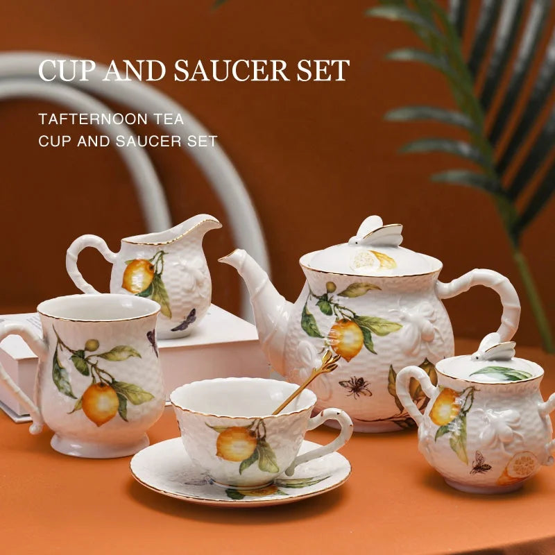 Low price European style relief lemon tree pattern porcelain tea cups and saucers