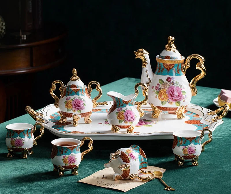 Best selling European dragon and phoenix relief rose pattern afternoon tea ceramic coffee set