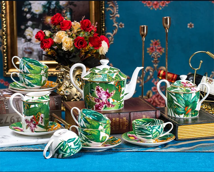 Luxury 15pcs fine bone china coffee sets tropical rainforest series porcelain coffee tea set with gift box