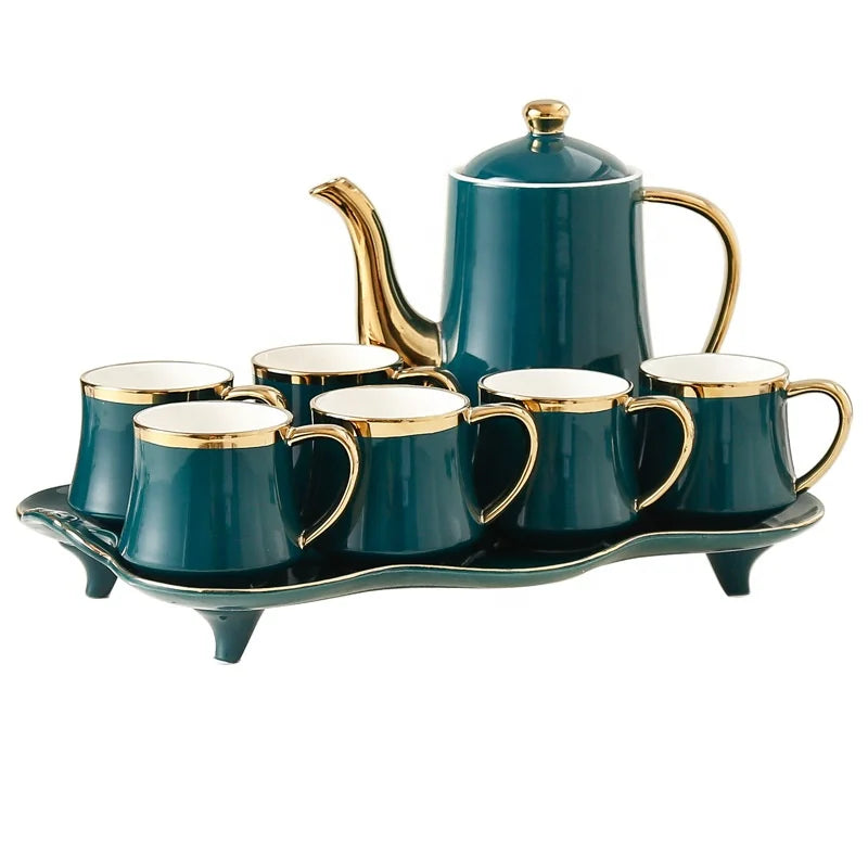 European household tea coffee cup set gold rim tea water pot set with ceramic tray