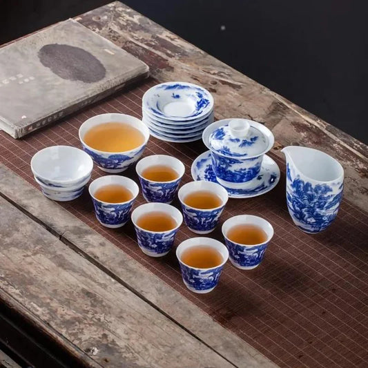 Classical Tea Sets Tea Pot and Cup Set Porcelain with Teapot Ceramic Chinese 16 Pcs Blue and White Coffee & Tea Sets Support