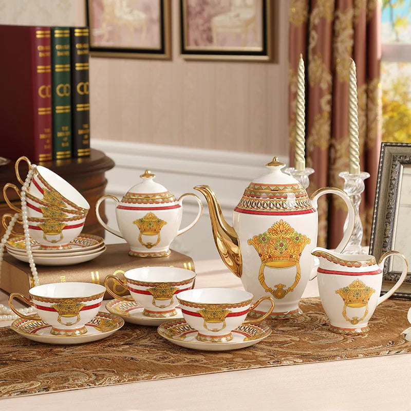 Direct Sell 15 Pcs Nordic Royal Kitchen Accessories Gold Plated Handle Ceramic Coffee Set