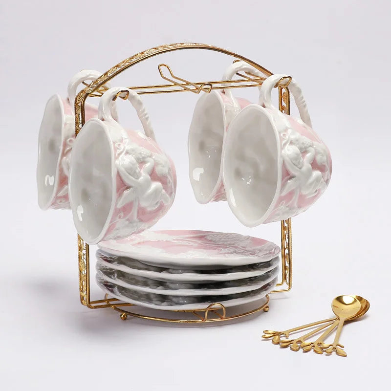 Hot selling European style relief pink ceramic tea set