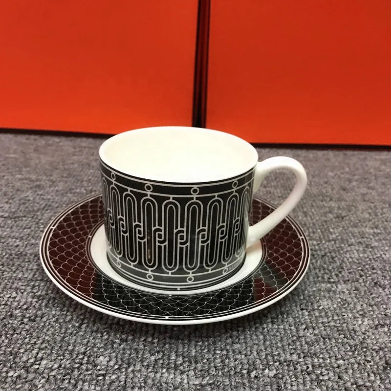 Custom Hot Sale Nordic Luxury Grey Vertical Pattern Porcelain Tea Cup Saucer Set