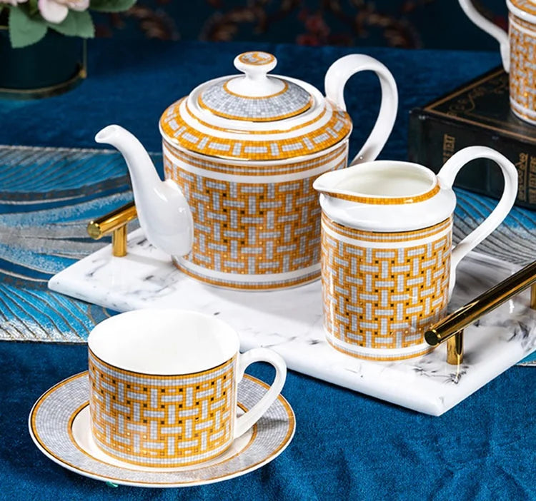 Fine bone china 15pcs mosaic coffee cup and saucer porcelain coffee pot set Royal bone china tea and coffee sets