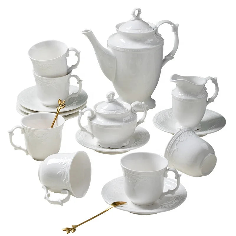 Low price promotion of European white and yellow embossed afternoon tea ceramic coffee set